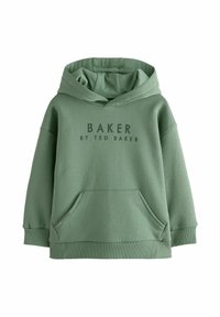 Zelena dukserica napravljena od mekanog materijala, sa prednjim džepom, rebrastim manžetama i kontrastnim natpisom "BAKER BY TED BAKER" na prednjoj strani.