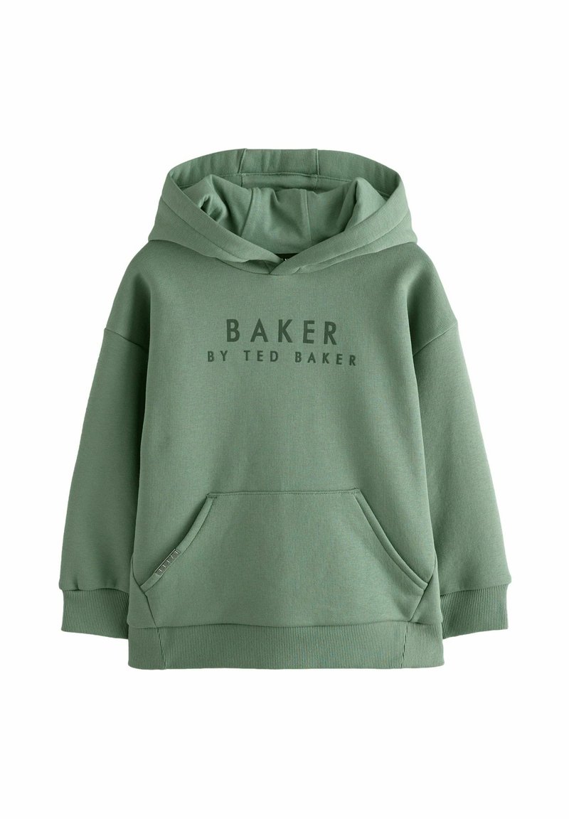Zelena dukserica napravljena od mekanog materijala, sa prednjim džepom, rebrastim manžetama i kontrastnim natpisom "BAKER BY TED BAKER" na prednjoj strani.