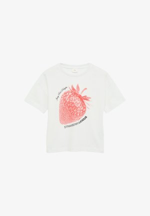 Weißes Baumwoll-T-Shirt mit einem rosa Erdbeer-Graphic, gebogener Schrift mit dem Text "Saftige Rote Köstlichkeiten" und "Erdbeer-lecker" unterhalb des Designs.