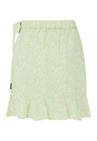 Ljusgrön kjol med vit blommig tryck, volangkant och justerbara midjeband. Tillverkad av mjukt tyg med en avslappnad passform.