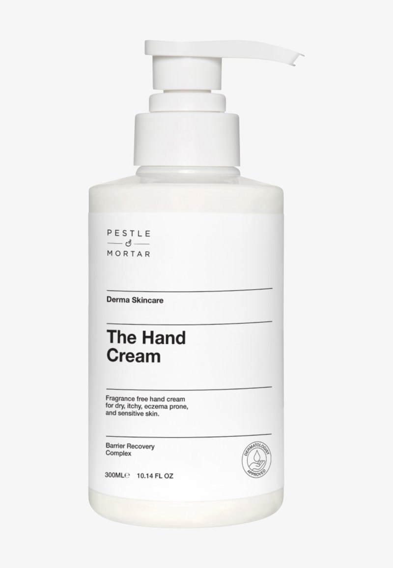 Weiße Pumpflasche mit der Aufschrift "Pestle & Mortar The Hand Cream" für trockene, juckende, zu Ekzemen neigende, empfindliche Haut, 300 ml, von Dermatologen empfohlen.