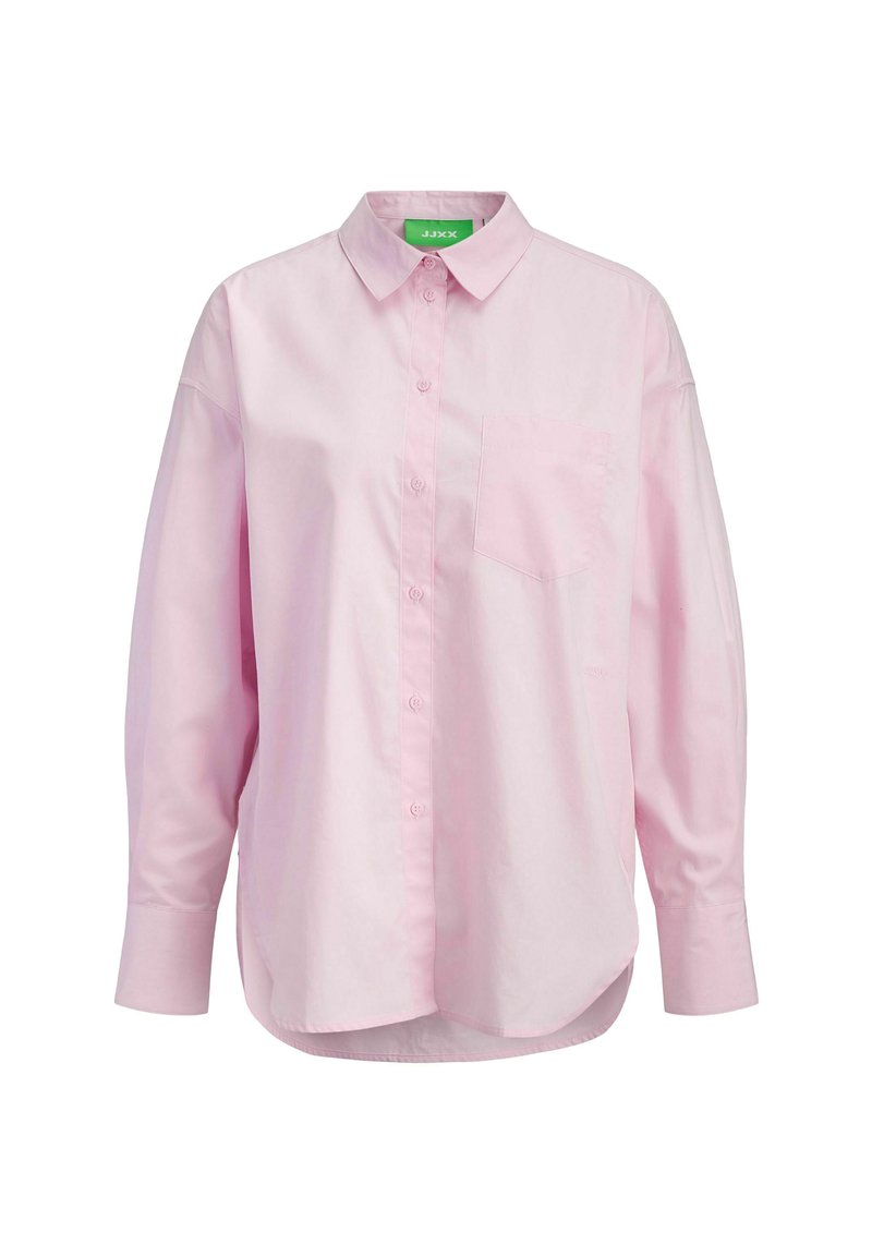 Lys rosa skjorte med knapp foran, laget av bomull, med klassisk krage, lange ermer og en enkelt brystlomme. Glatt tekstur og avslappet passform.
