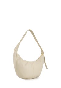 Cremfarbene Leder-Schultertasche mit geschwungener Form, verstellbarem Trageriemen und goldfarbenen Hardware. Verfügt über einen Reißverschluss und eine weiche Textur.