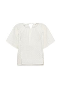 Blusa bianca con maniche corte, motivo a griglia testurizzato e apertura a chiave sul retro con chiusura a nastro. Realizzata in tessuto leggero.