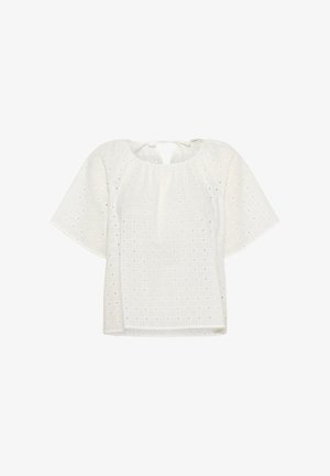 Balta bliusoną su trumpomis rankovėmis, tekstūruotu tinklo raštu ir skylute nugaroje su raišteliu. Pagaminta iš lengvos medžiagos.