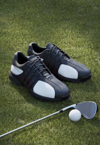 Black and white golf shoes on grass next to a golf club and a white golf ball.