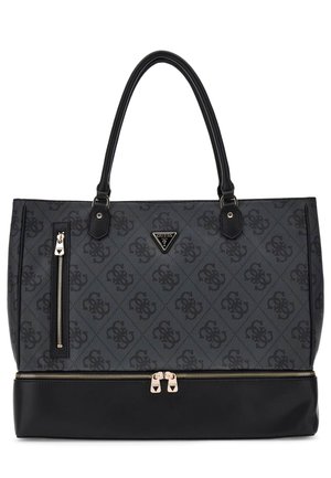 Sac cabas Guess noir et gris avec doubles poignées, poche avant zippée, motif logo, logo métallique triangulaire et compartiment inférieur avec double fermeture éclair.