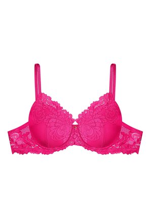 Różowy koronkowy biustonosz z wyściełanymi miseczkami, kwiatowym haftem, regulowanymi ramiączkami oraz małym ozdobnym akcentem na środku.