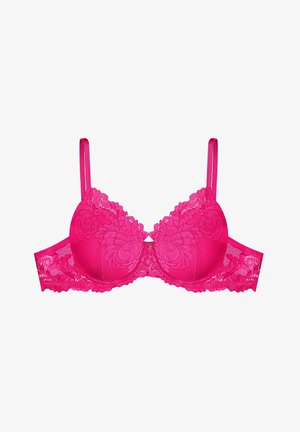 Pink lace bra featuring padded cups, floral embroidery, adjustable straps, and a small decorative accent at the center.