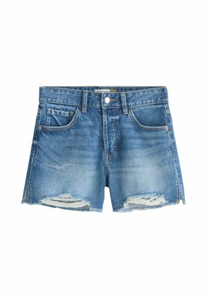 Blue denim shorts with front pockets, belt loops, button closure, and frayed hems with small slits on each side.