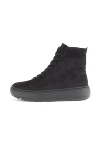 Black suede high-top sneakers with a rounded toe, lace-up front, and a chunky black sole. Smooth texture with subtle stitching.