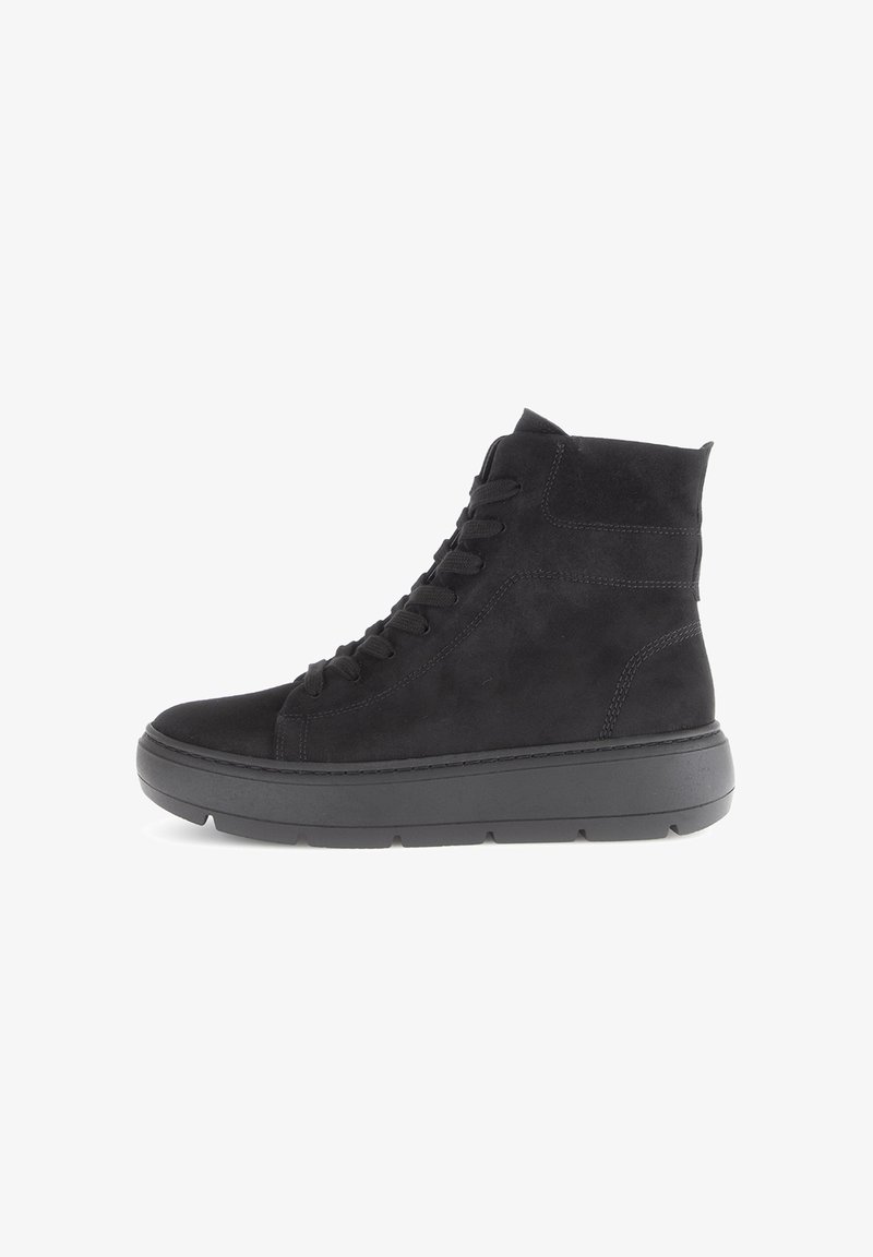 Black suede high-top sneakers with a rounded toe, lace-up front, and a chunky black sole. Smooth texture with subtle stitching.