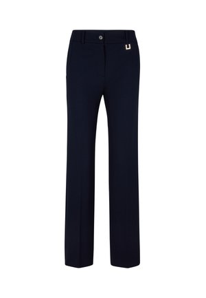 Pantalons navy à coupe droite, dotés d'une fermeture à bouton et d'un détail accent en ton doré au-dessus de la hanche. Texture de tissu lisse.