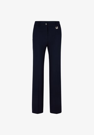 Niebianskie spodnie o prostym kroju z zapięciem na guzik i złotym akcentem nad biodrem. Gładka tekstura materiału.