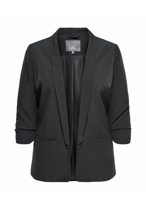 Blazer pour femme noire avec manches trois-quarts, devant ouvert, col châle et deux poches à l'avant avec passepoil.