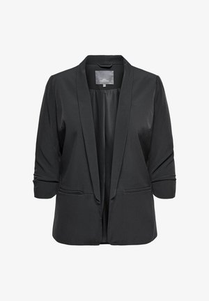 Črni ženski blazer s tremi četrtinami rokavi, odprtim sprednjim delom, šal ovratnikom in dvema sprednjima žepoma.