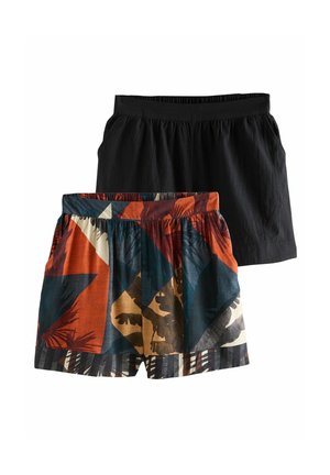 Zwei Paar Shorts: eines in uni Schwarz, das andere bedruckt mit einem bunten geometrischen Muster, das orangefarbene, blaue und cremefarbene Akzente aufweist. Mit elastischem Bund.