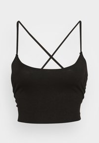 Top cropped preto com textura suave e tachas finas entrelaçadas. Apresenta um decote redondo e silhueta ajustada.