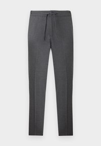 Pantaloni tapered de culoare gri închis cu talie elastică și șnur de strângere, având cute subtile pe partea din față.