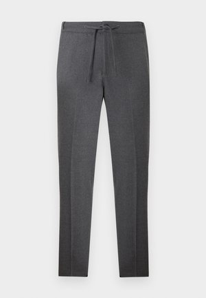 Donkergrijze tapers met een elastische tailleband en trekkoord, met subtiele plooien aan de voorkant.