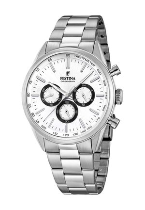 Orologio da polso cronografo Festina argento con quadrante bianco, tre quadranti secondari neri, scala tachimetrica e cinturino in maglia metallica.
