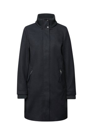 Manteau noir mi-long avec col haut côtelé, boutons dissimulés sur le devant, poches latérales zippées et poignets côtelés sur fond uni.
