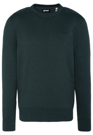 Ciemnozielony sweter z dekoltem typu crewneck, długimi rękawami oraz małym haftowanym logo Schott na lewej piersi.