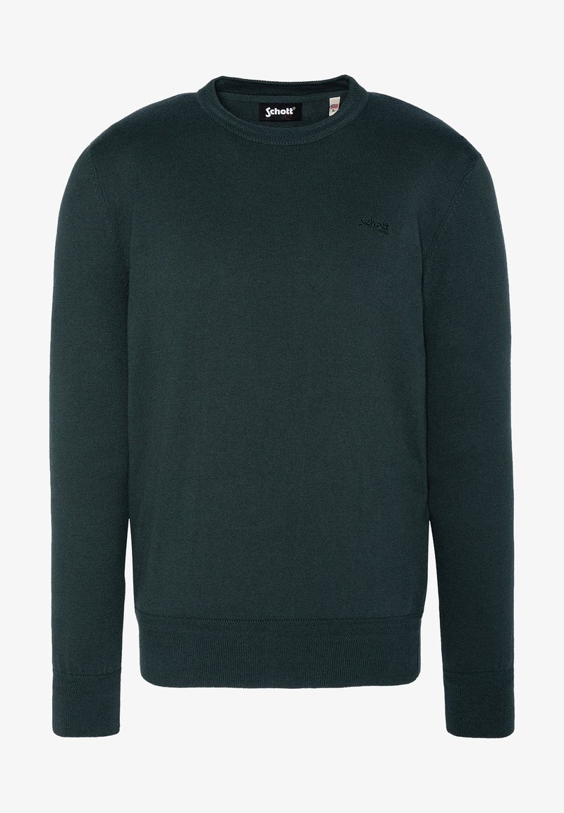 Pull vert foncé à col rond avec manches longues et petit logo Schott brodé sur la poitrine gauche.