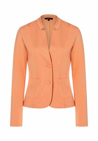 Blazer orange avec un col cranté, deux poches avant et une fermeture à bouton unique. Fabriqué à partir d'un tissu lisse et texturé.