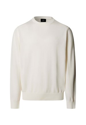 Cremefarbener Langarm-Rundhalsausschnitt-Pullover mit gerippten Bündchen und Saum, versehen mit einem kleinen gestickten Logo auf der Brust.