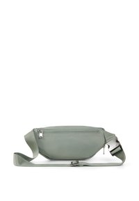 Marsupio verde chiaro realizzato in tessuto liscio, con una tasca frontale con zip, cinturino regolabile e accessori in metallo argentato.