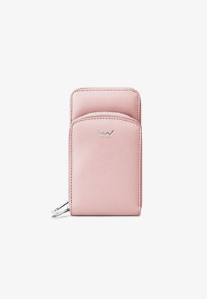 Pink leather wallet with two card slots on the front, silver hardware, smooth texture, and a zippered compartment at the base.