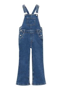 Denimoveraller med justerbara remmar, bröstficka, sidofickor och en flared bendesign. Tyget är i en medelblåtvätt med synliga sömmar.