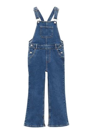 Denimoveraller med justerbara remmar, bröstficka, sidofickor och en flared bendesign. Tyget är i en medelblåtvätt med synliga sömmar.