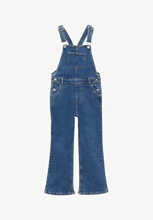 Salopette en denim avec bretelles réglables, poche poitrine, poches latérales et design à jambe évasée. Le tissu est d'un délavage bleu moyen avec des coutures visibles.