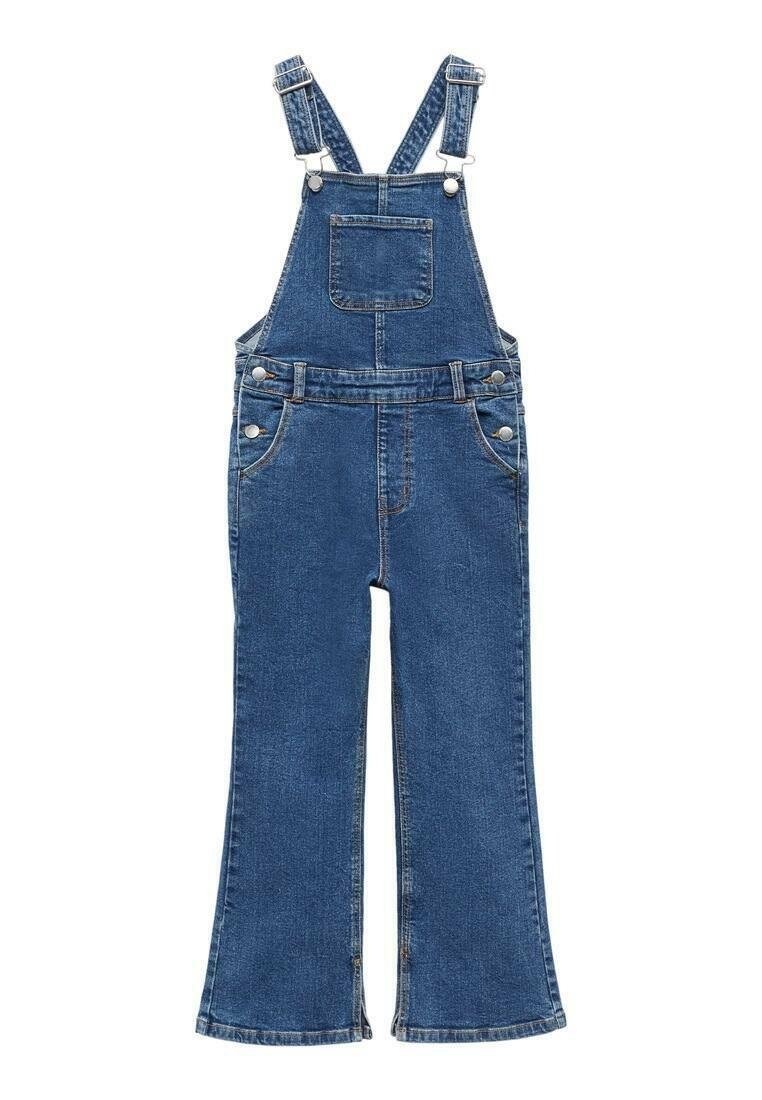 Denimoveraller med justerbara remmar, bröstficka, sidofickor och en flared bendesign. Tyget är i en medelblåtvätt med synliga sömmar.