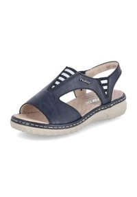 Navy blue leather sandals with cutouts and striped textile accents. Lightweight sole with a textured surface and contrasting stitching details.