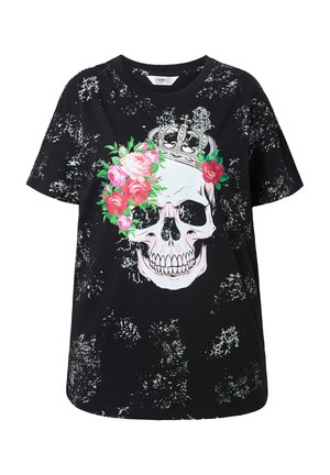 T-shirt noir en coton avec un design de crâne orné de roses et d'une couronne, doté d'une texture graphique usée.