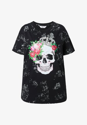 Zwart T-shirt van katoen met een schedelontwerp versierd met rozen en een kroon, met een verweerd grafisch textuur.