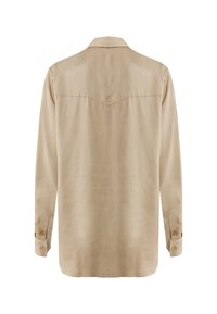 Camicia beige a maniche lunghe realizzata in tessuto morbido. Presenta un colletto a punta, una cucitura a yoke sul retro e polsini con bottoni.