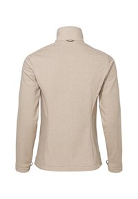 Giacca beige con zip, colletto alto, design aderente e maniche lunghe. Presenta una texture liscia e dettagli cuciti lungo i lati.