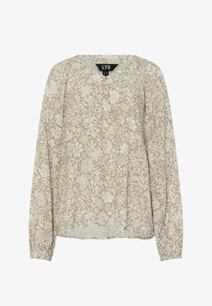 Beige Bluse mit langen Ärmeln und weißem Blumenmuster, geraffter Ausschnitt und elastische Bündchen, Größe UK 12, EU 40, US 8.
