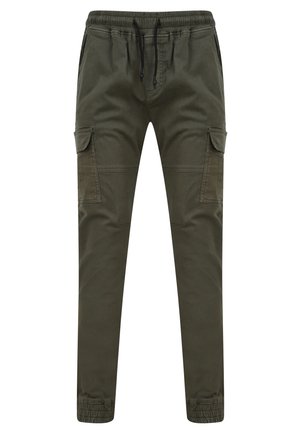 Pantaloni cargo verde oliva con vita elastica, cordino e tasche laterali. Presentano un design a gamba affusolata e una texture leggera.