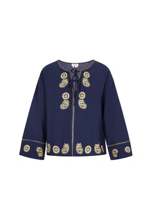 Bluză albastră închis cu guler rotund, mâneci lungi și broderie aurie ce prezintă modele florale și circulare pe margine și pe corp.