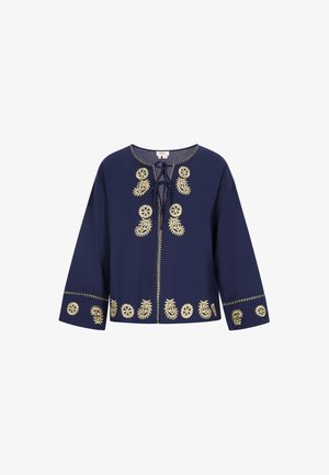 Mornarica plava bluzica s okruglim izrezom, dugim rukavima i zlatnom vezom koja prikazuje cvjetne i kružne uzorke duž rubova i tijela.