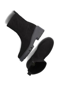 Black suede ankle boots with a chunky rubber sole, rounded toe, and subtle stitching details. Features a pull tab for easy wear.