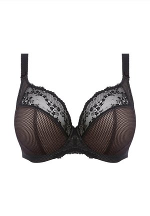 Black lace bra featuring sheer mesh cups, floral lace detailing along the edges, and adjustable straps. It has underwire support and a smooth finish.