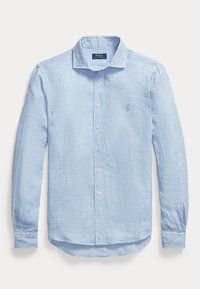 Light blue long-sleeve button-up shirt with collar and subtle check pattern, featuring Polo Ralph Lauren logo embroidered on chest.