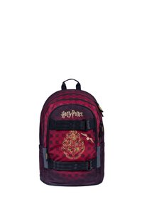 Zaino a quadri rosso e nero con logo dorato "Harry Potter", stemma della casa, due cinturini sul davanti e tasche laterali con zip. Tessuto morbido.