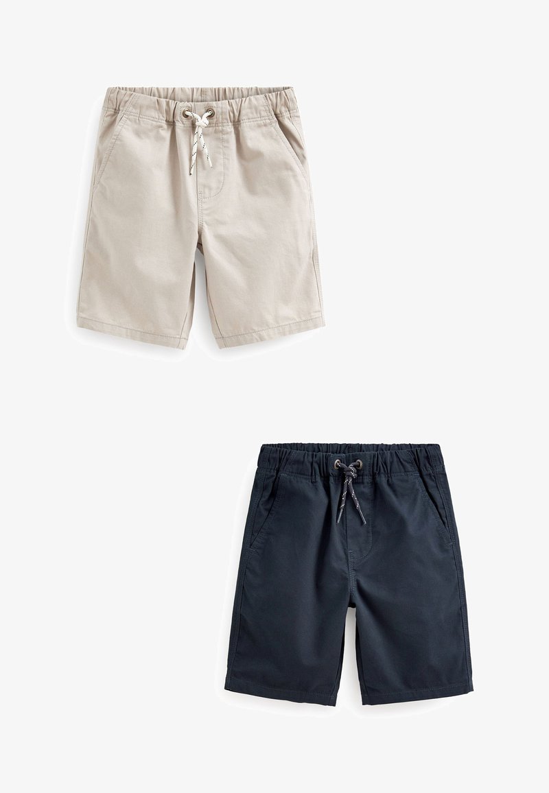 Beige und marinefarbene Baumwollshorts mit elastischem Bund und Kordelzug. Verfügt über Seitentaschen und einen geraden Saum. Glatte Textur.